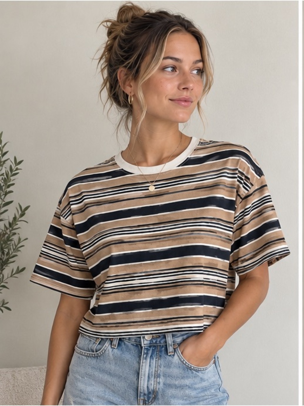 rag & bone - Short-Sleeve Striped Crewneck Tee in Tan, Black & White - size M